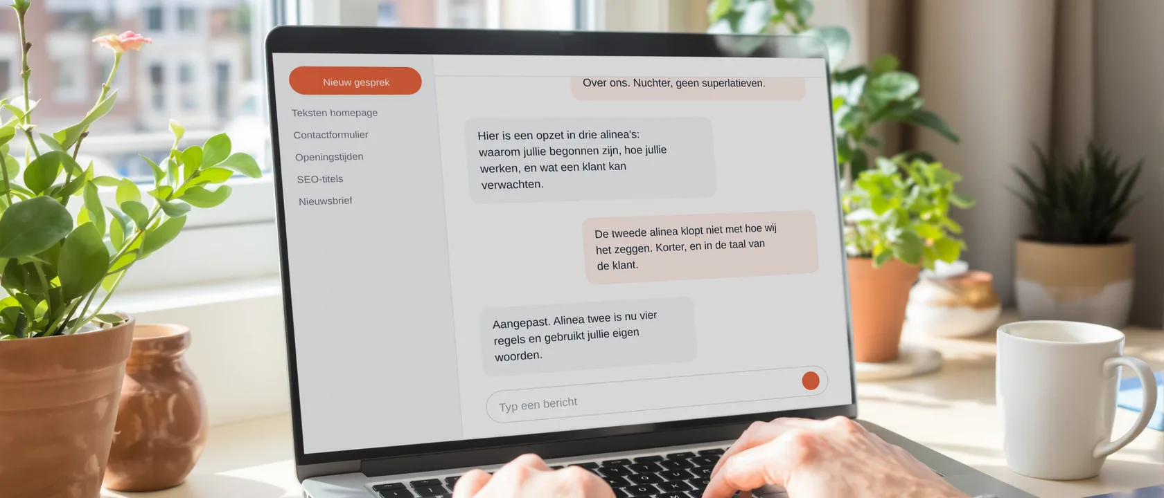 Een laptop met een AI-gesprek op het scherm, waarin een tekstvoorstel wordt bijgestuurd
