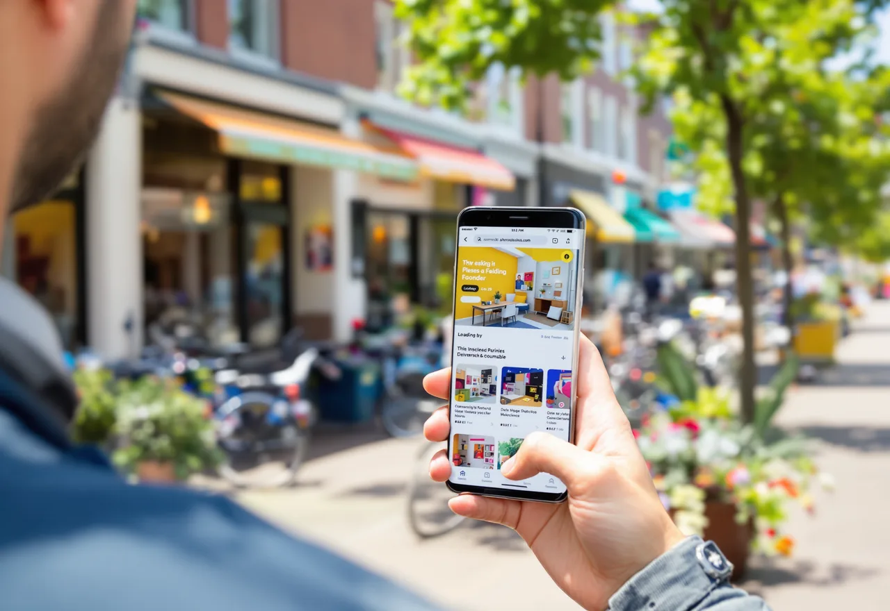 Iemand opent een website op de telefoon in een winkelstraat; de pagina staat meteen in beeld