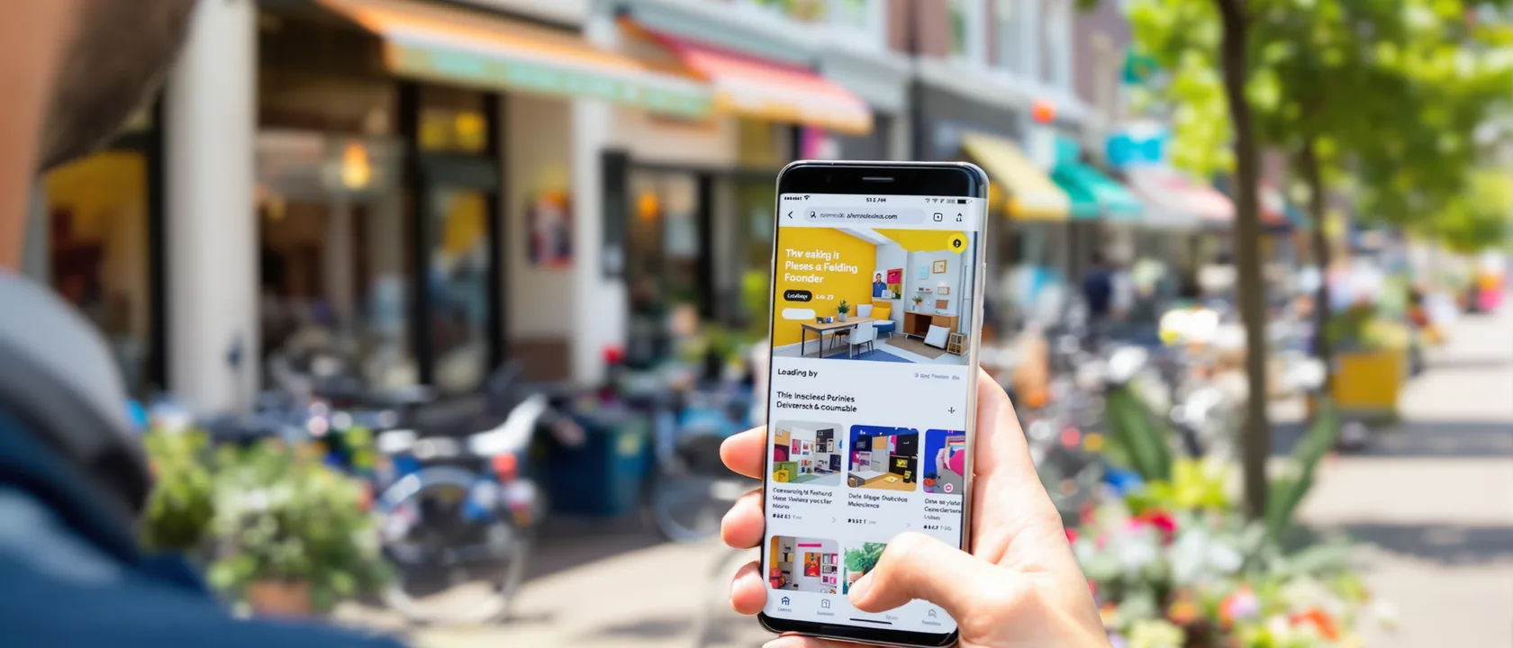 Iemand opent een website op de telefoon in een winkelstraat; de pagina staat meteen in beeld