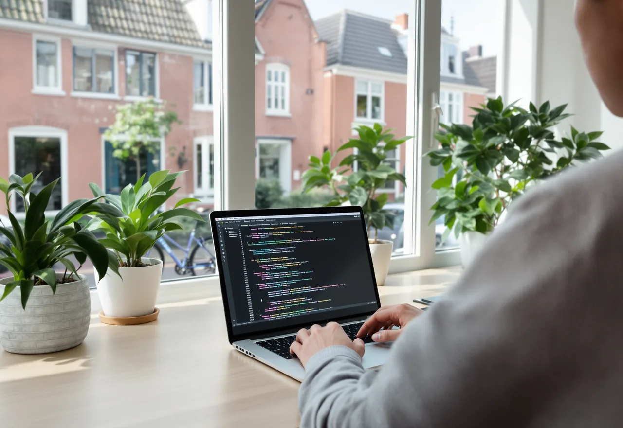 Een developer werkt aan code aan een bureau bij het raam, met uitzicht op een Nederlandse straat