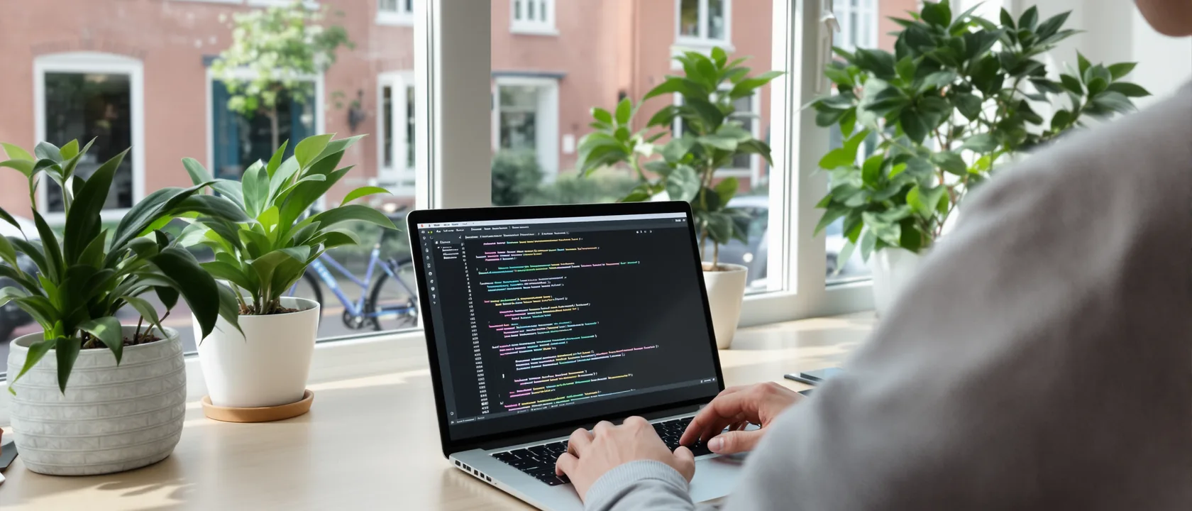 Een developer werkt aan code aan een bureau bij het raam, met uitzicht op een Nederlandse straat