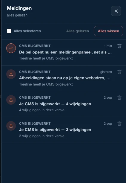 Het meldingenpaneel in het CMS, met de berichten die Treeline achterlaat als het CMS is bijgewerkt.
