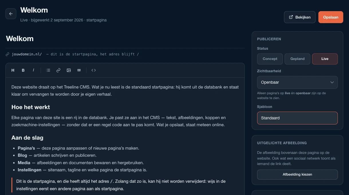 Het bewerkscherm van een pagina in het Treeline CMS: de tekst links, en rechts de instellingen voor status, zichtbaarheid en de uitgelichte afbeelding.